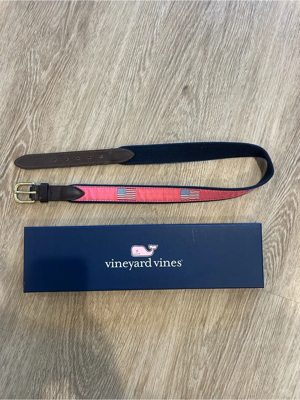 Kids Vineyard Vines Pink Belt with American Flag Embroidery