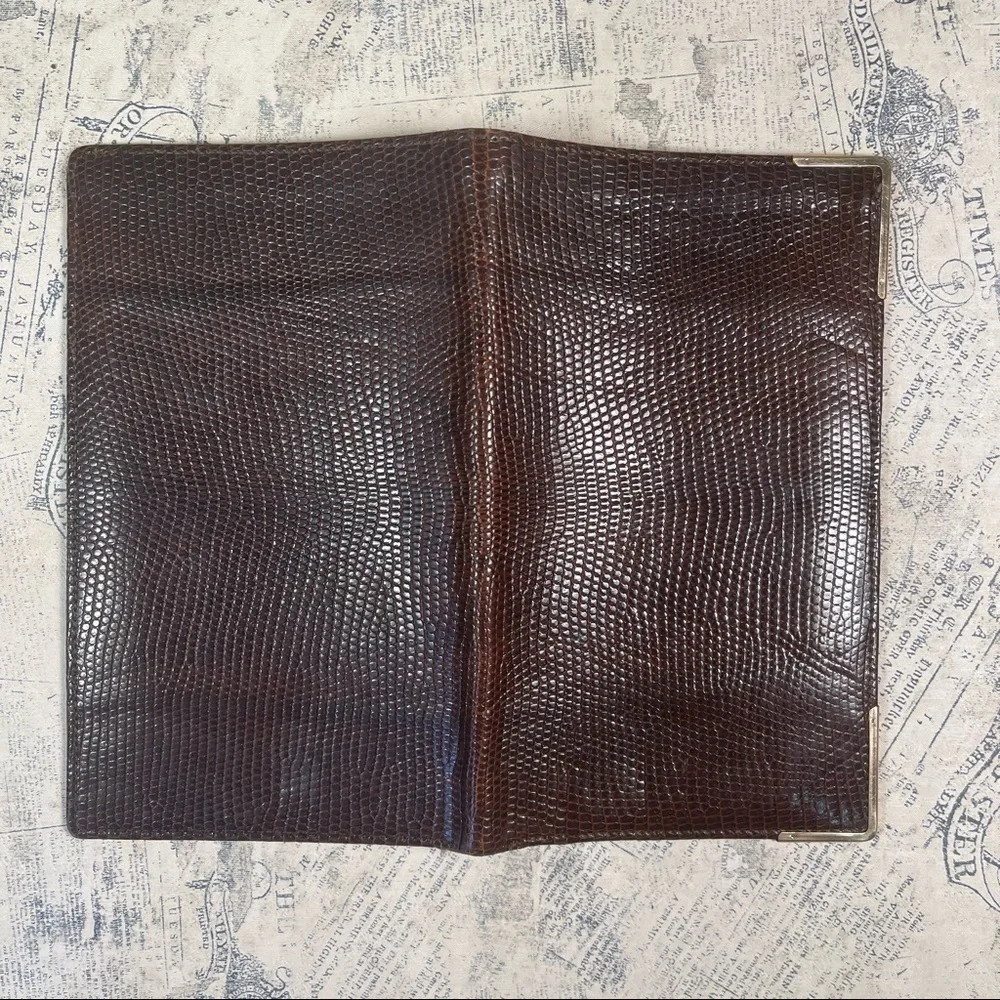 Smythson Antique lizard skin passport wallet with gold corners