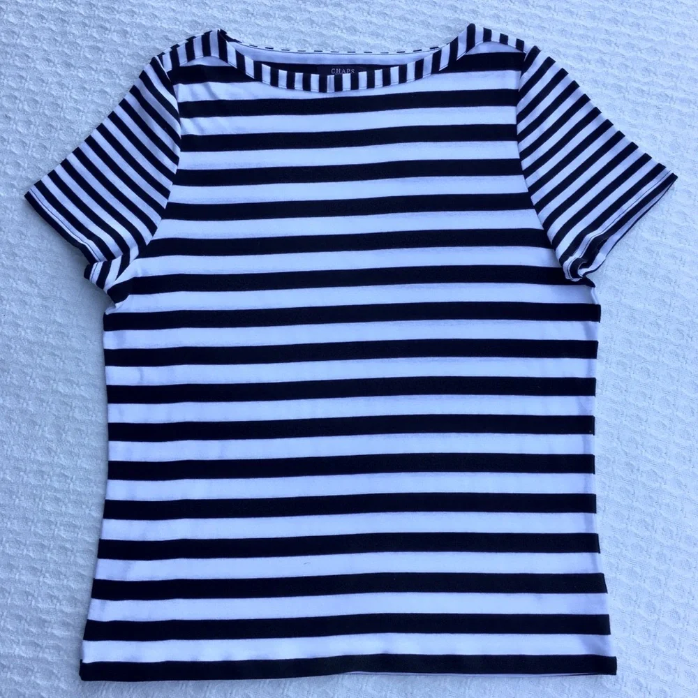 CHAPS NAVY and WHITE STRIPED BOATNECK TEE SHIRT