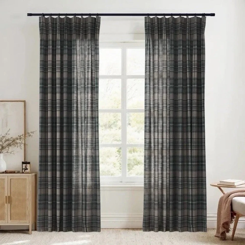 Sara Le Linen Latte Plaid Print Pinch Pleat Curtain Unlined (2)Panels 26