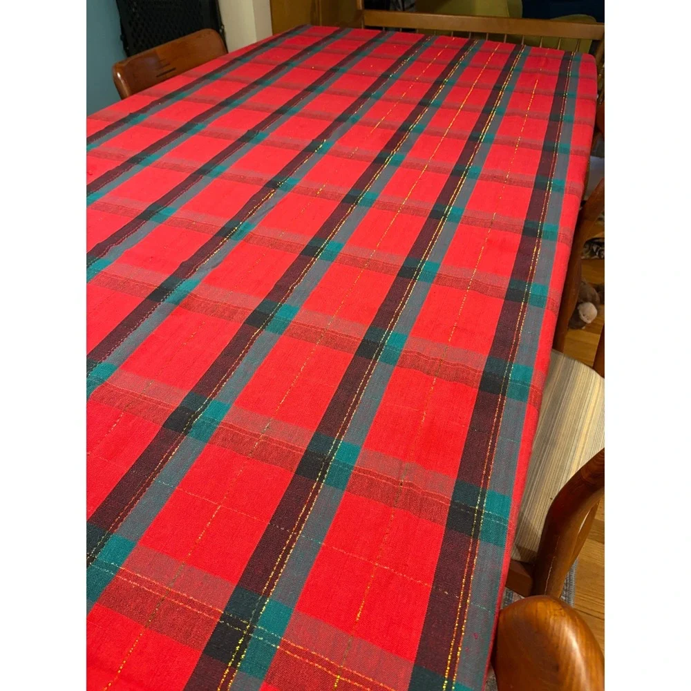 Hand Woven Plaid Tablecloth Red Teal Gold Sparkle‎ Festive Cotton  55 x 72