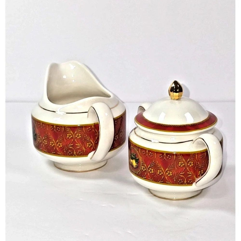 gund john grossman christmas creamer and sugar bowl set ceramic‎ 2008 red gold