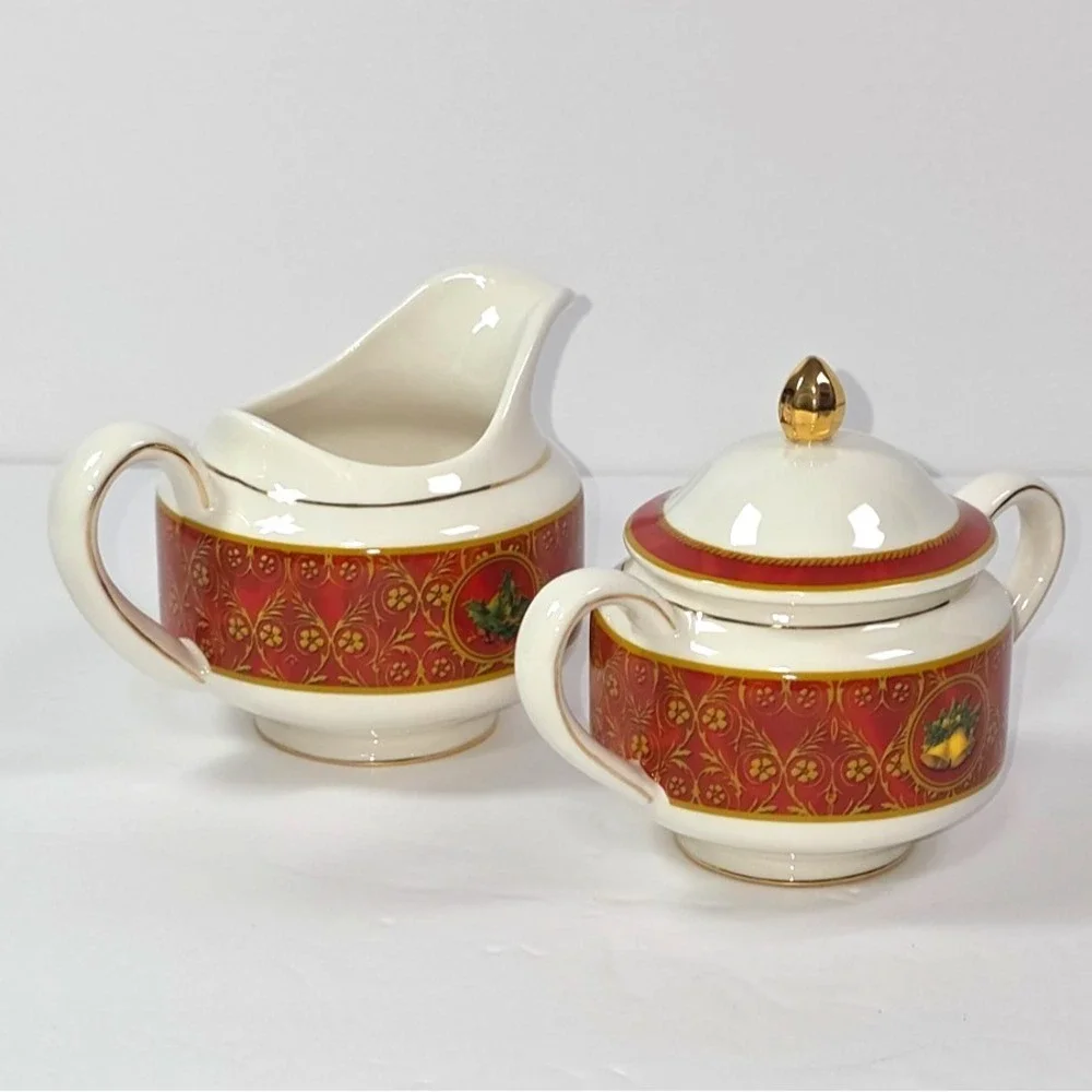 gund john grossman christmas creamer and sugar bowl set ceramic‎ 2008 red gold