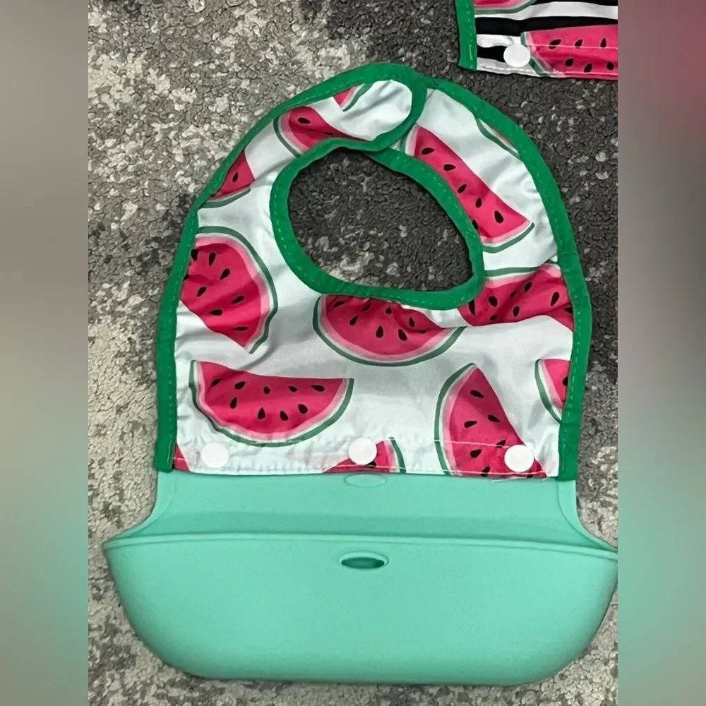 Bundle of Silicone Feeding Bibs Miss Mess Watermelon print Food Catcher Pocket