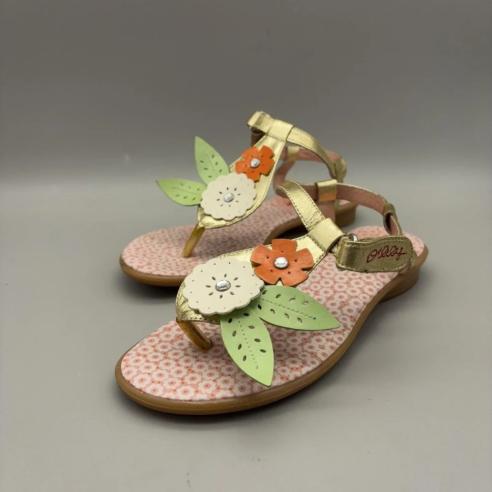 Oilily Sandals Womens Size 36 Gold Thong Floral Rhinestone Strap Cute Colorful
