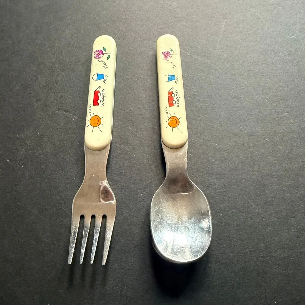 Anacapa Vintage Kids Fork and Spoon Set Stainless Steel‎ Sun Wagon Pail Flower