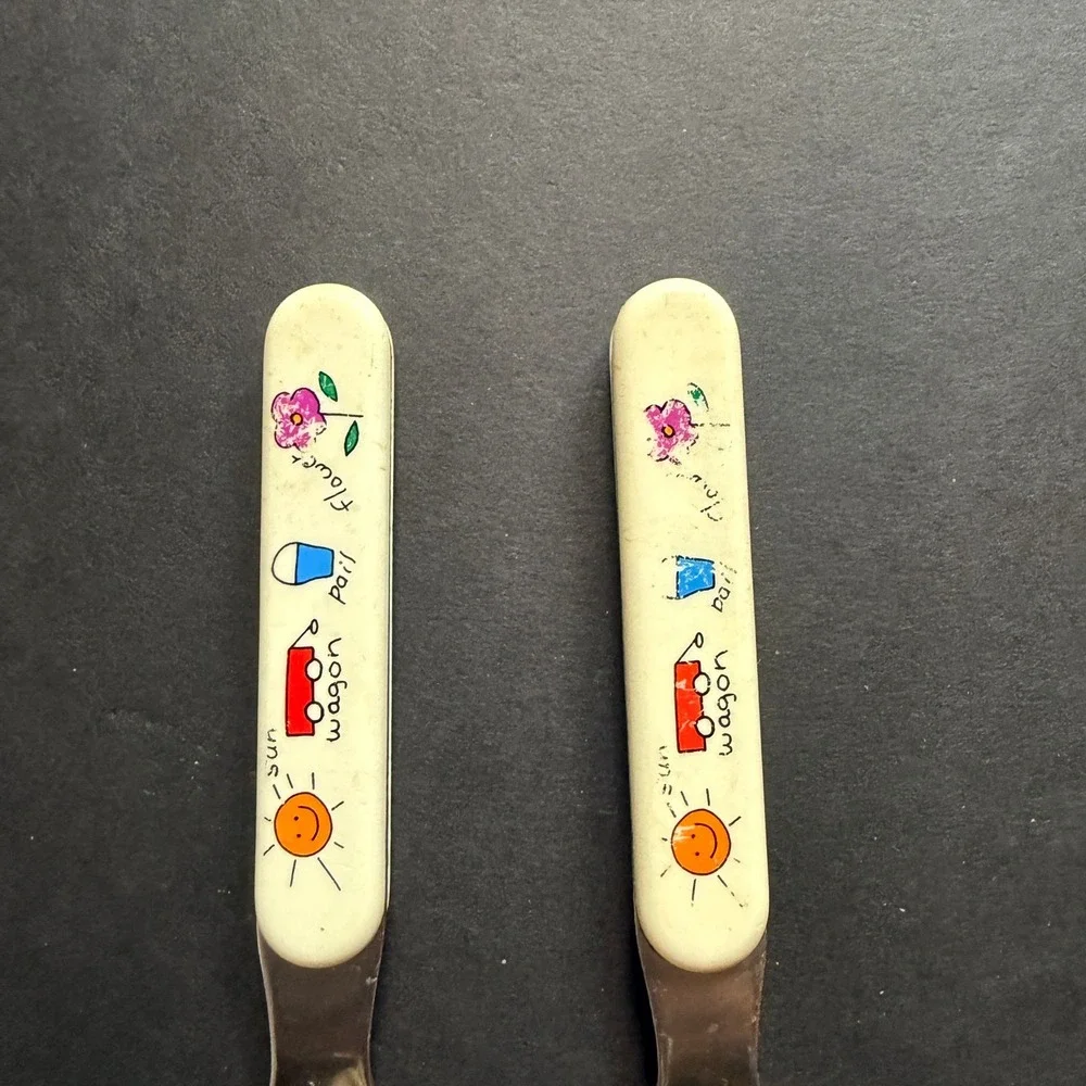 Anacapa Vintage Kids Fork and Spoon Set Stainless Steel‎ Sun Wagon Pail Flower