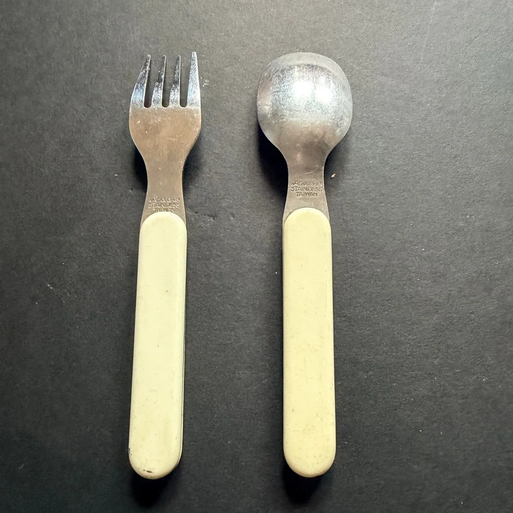Anacapa Vintage Kids Fork and Spoon Set Stainless Steel‎ Sun Wagon Pail Flower