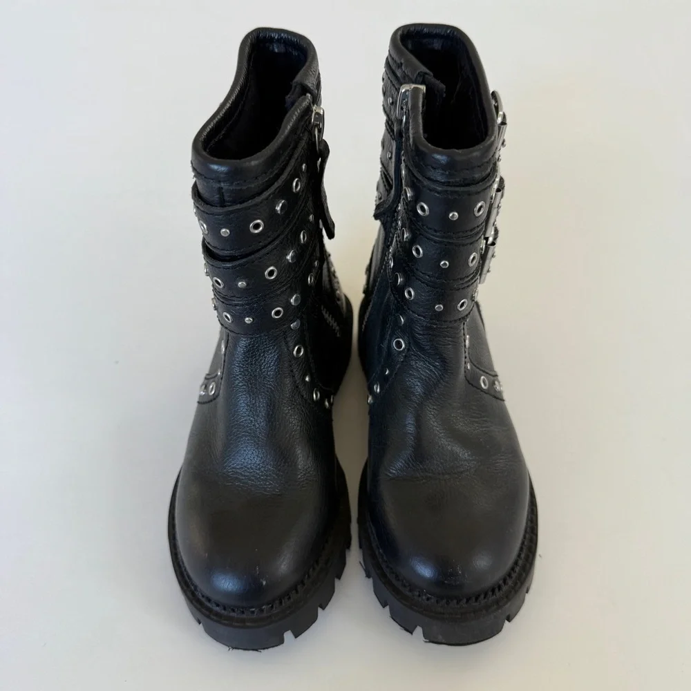 Zara Girls Studded Moto Combat Boots Black Silver Buckle Boots 10.5