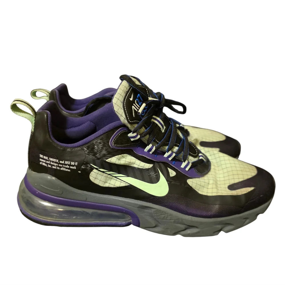 NIKE Air Max 270 React‎ Future Swoosh Sneakers Black Purple Green - Size 10.5