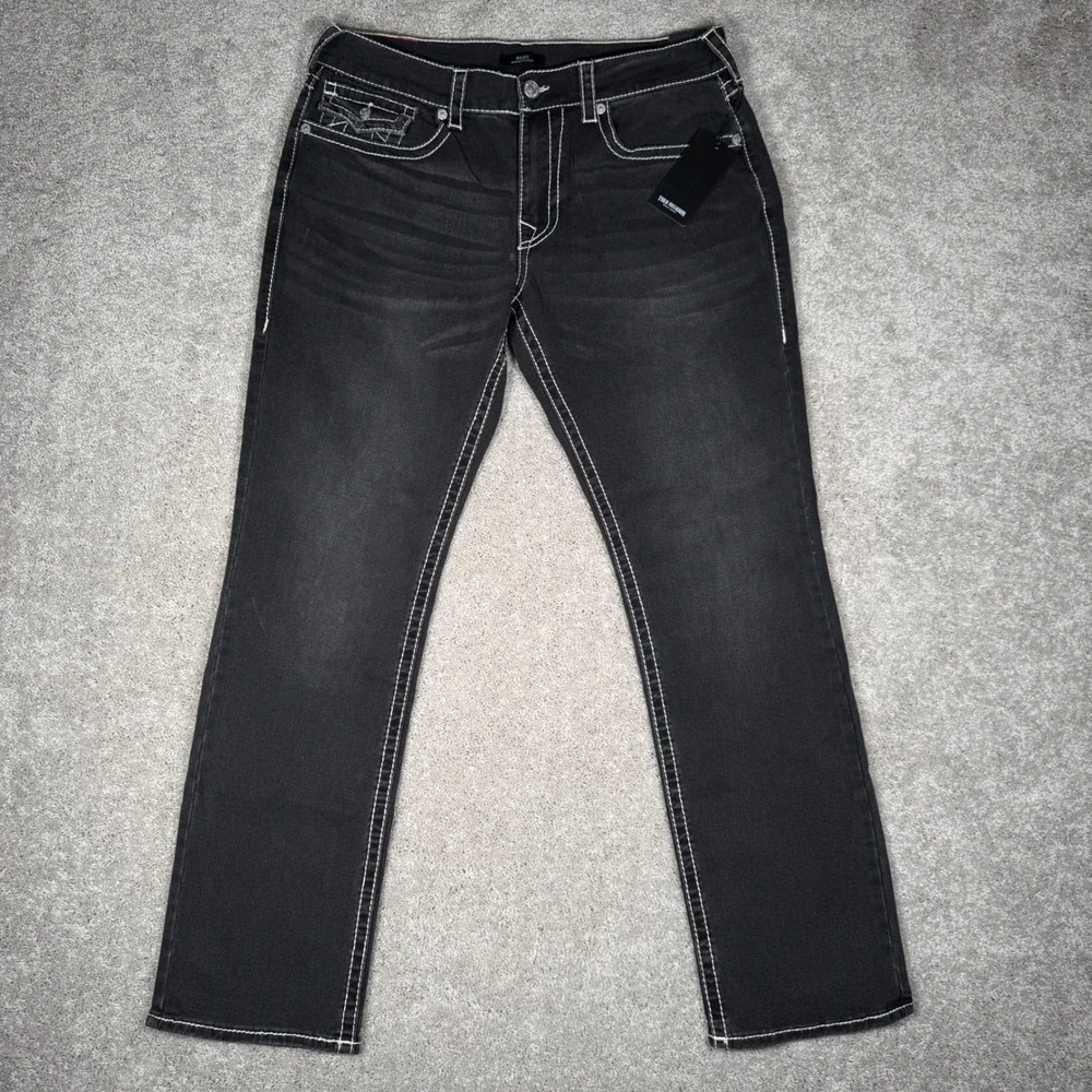 NWT True Religion Ricky Big T Flap Straight Men's‎ 36x33 Jeans Grey Smoky Denim