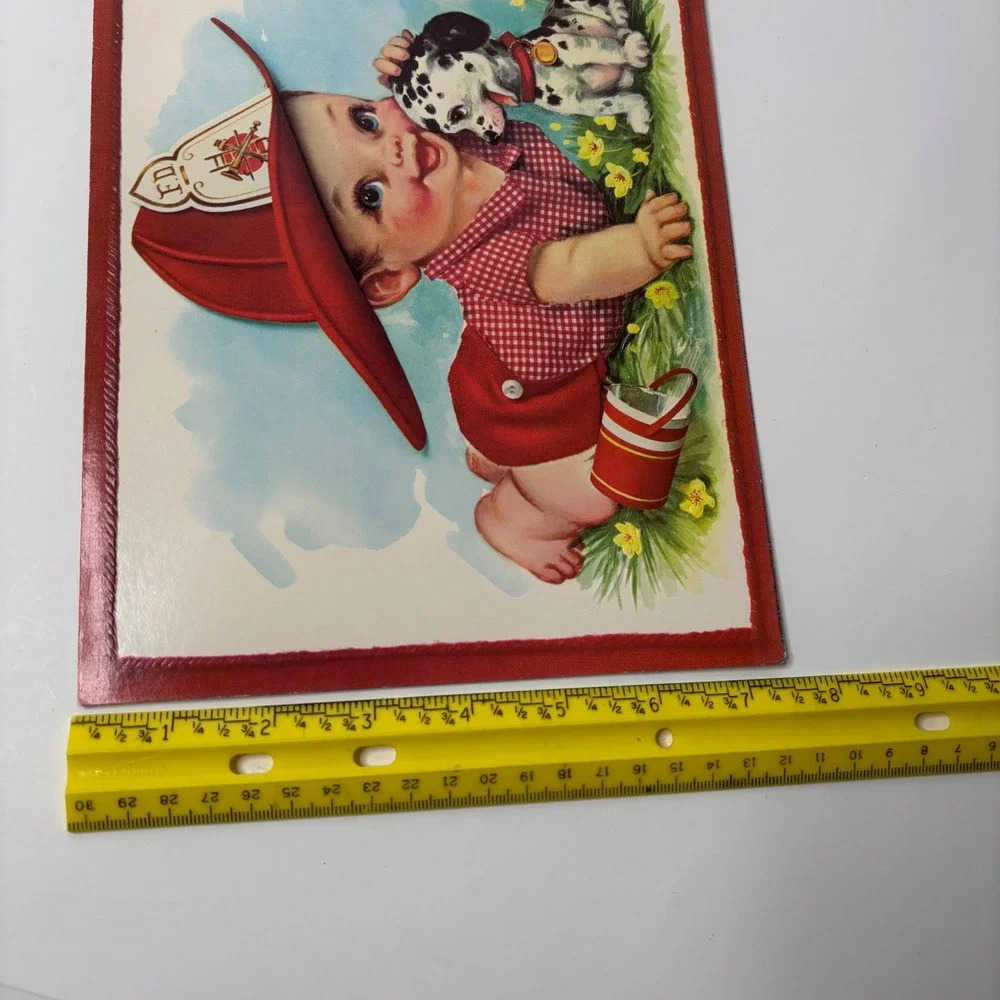 VTG Large MCM Greeting Cards Baby Boy Fireman Dog Scottish Hat Ephemera USA