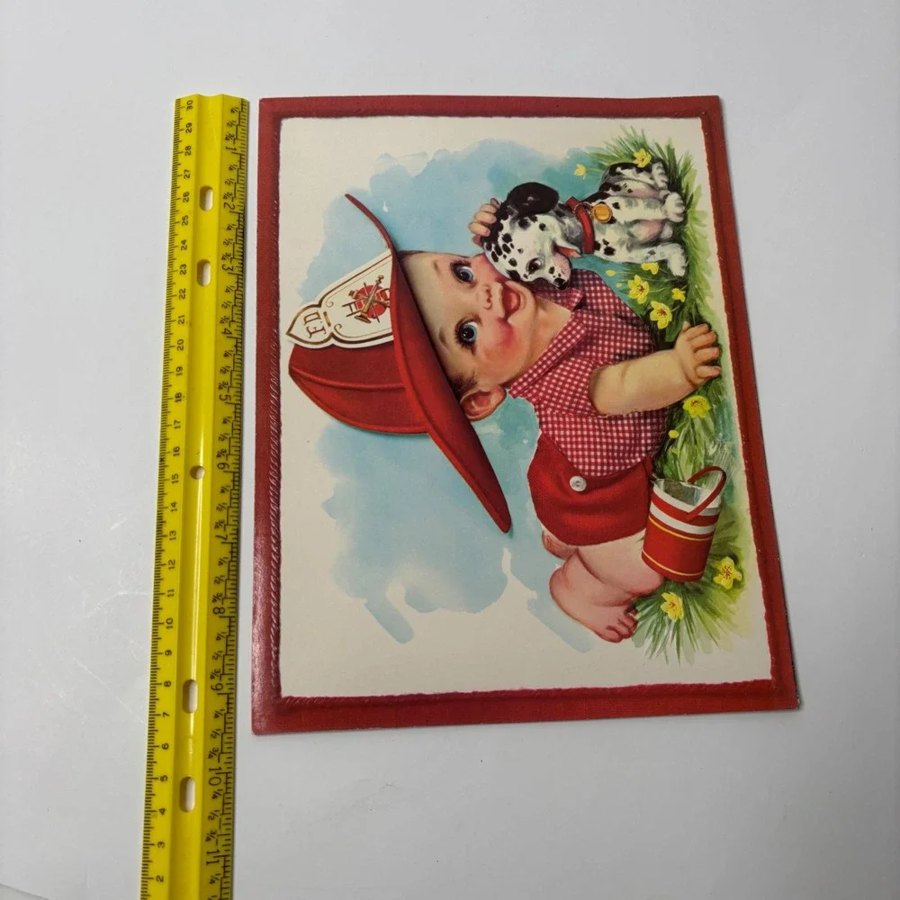 VTG Large MCM Greeting Cards Baby Boy Fireman Dog Scottish Hat Ephemera USA
