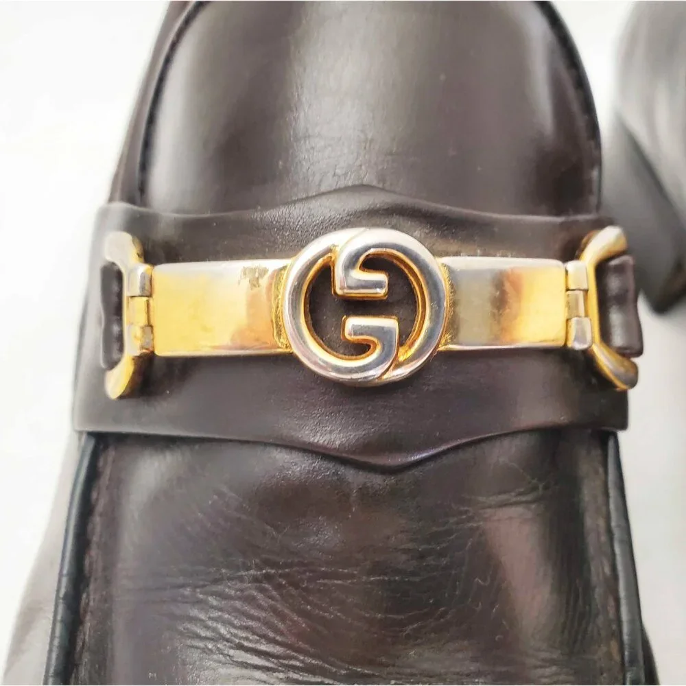 Vintage Gucci Men's Dark Brown Leather Loafers Shoes with Gold GG Buckle 42.5