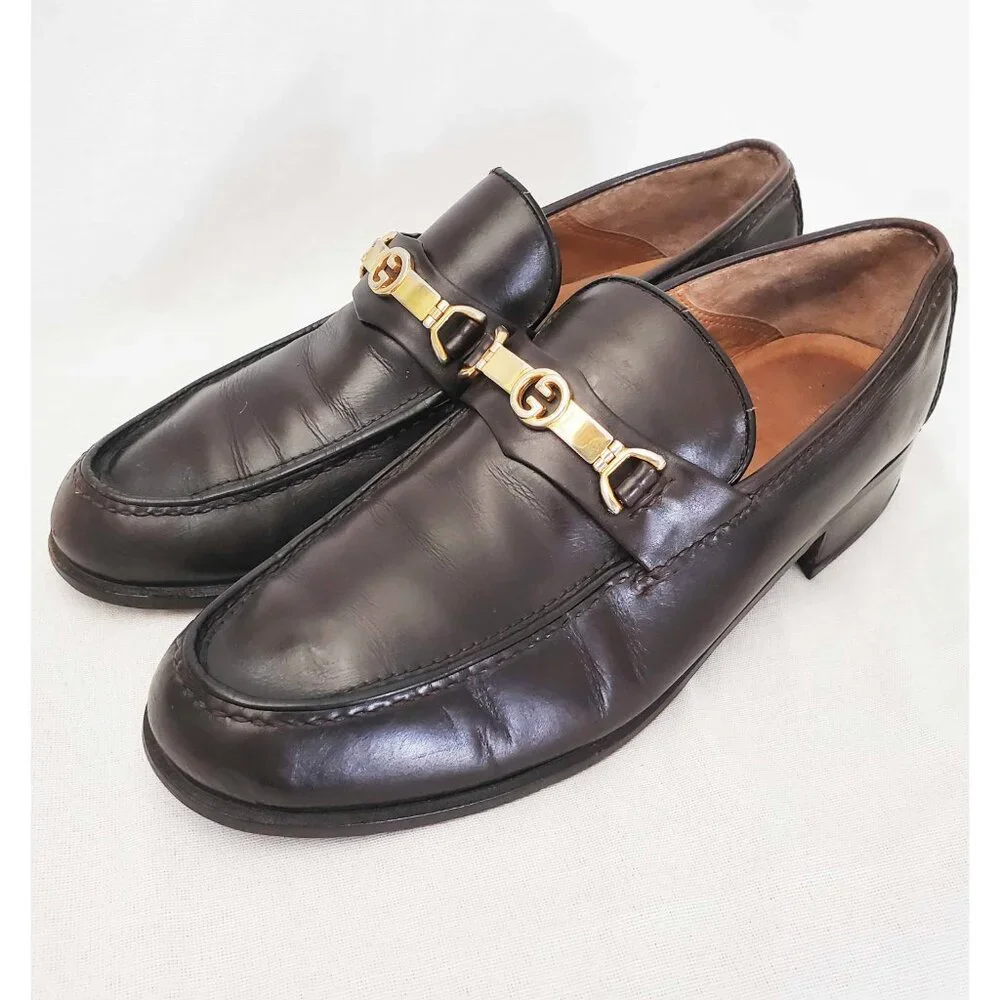 Vintage Gucci Men's Dark Brown Leather Loafers Shoes with Gold GG Buckle 42.5