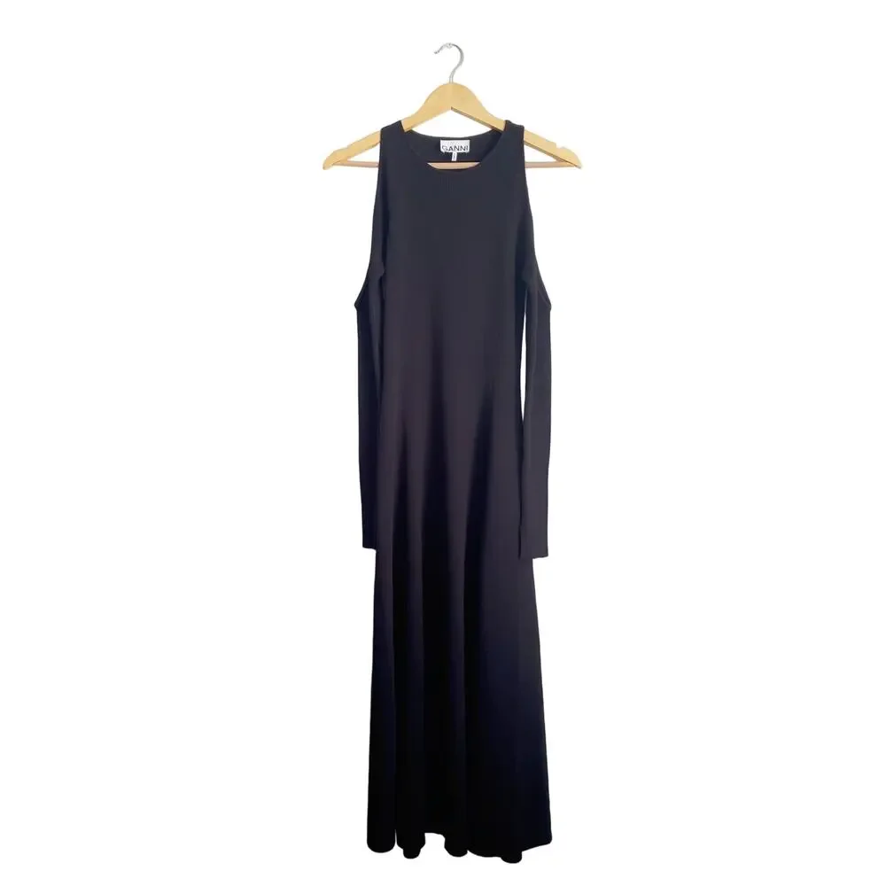 GANNI Ribbed Knit Cutout Midi Sweater Dress Black Size Small