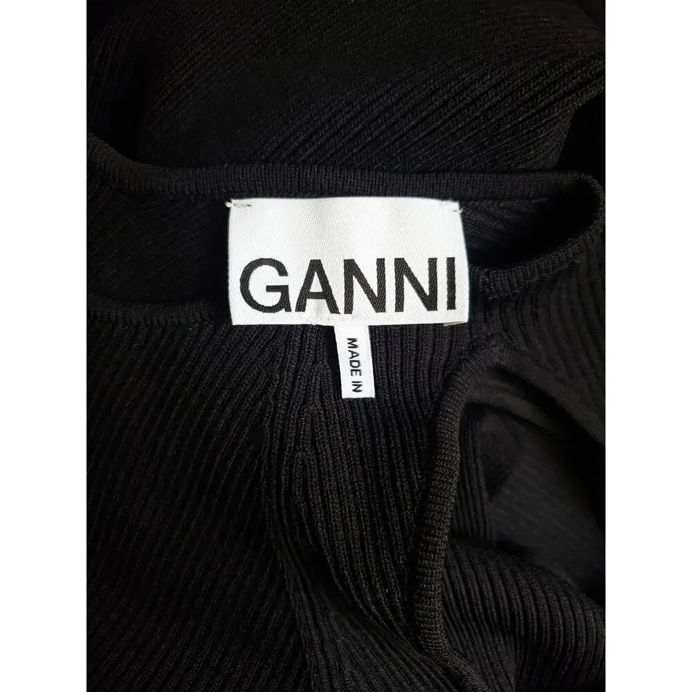 GANNI Ribbed Knit Cutout Midi Sweater Dress Black Size Small