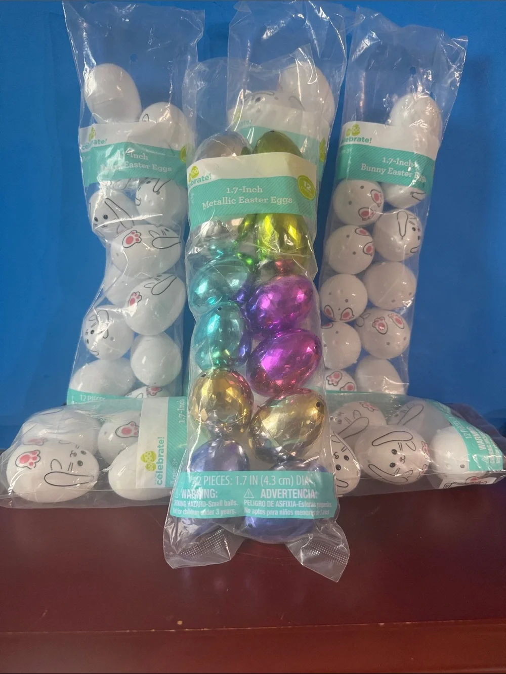 Celebrate! White Bunny Print & Metallic Assorted Easter Egg Decor Pack. Set of 5
