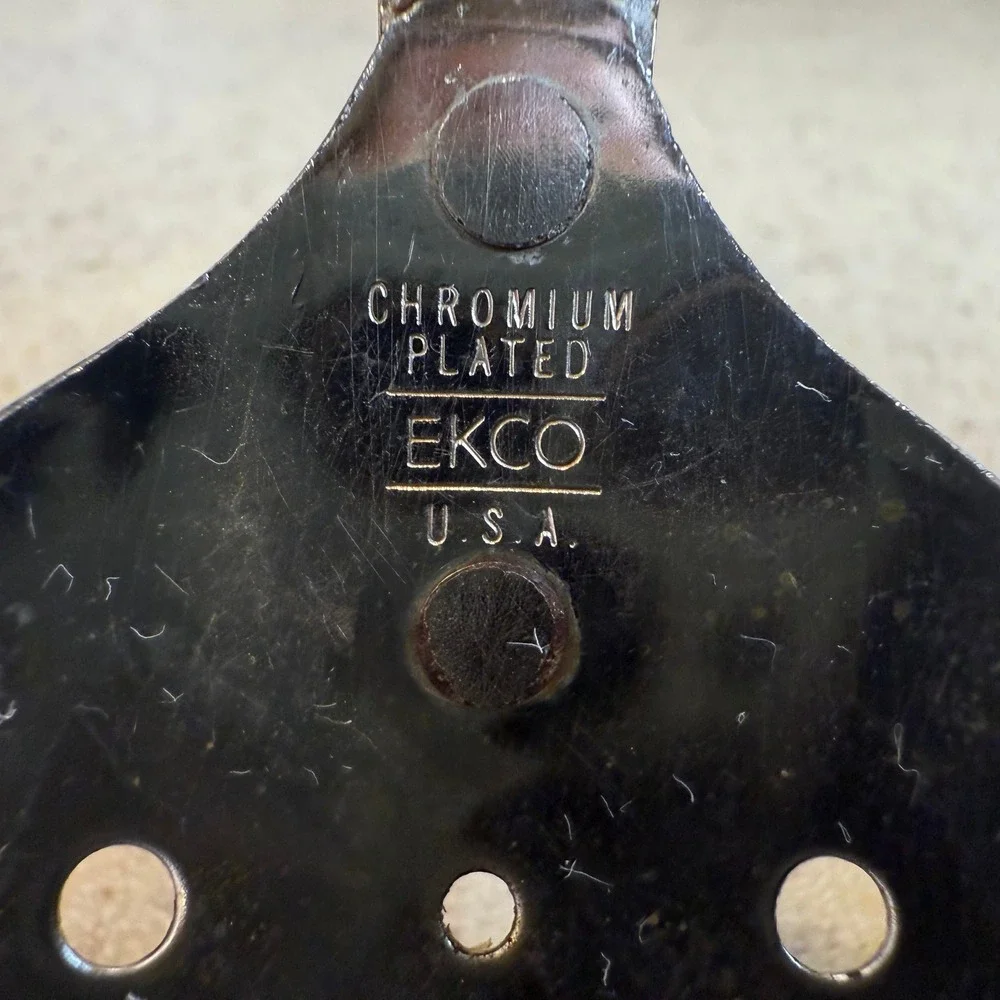 Vintage EKCO Slotted Spoon Chromium Plated Black Handle USA Kitchen Utensil