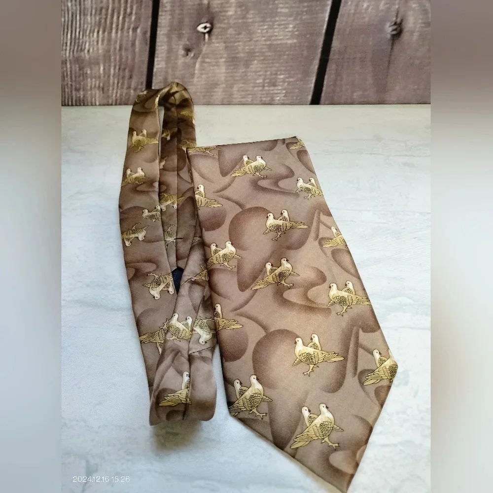 Kai Long Silk Tie Necktie Tan Brown Abstract Birds Handmade 56x4. B