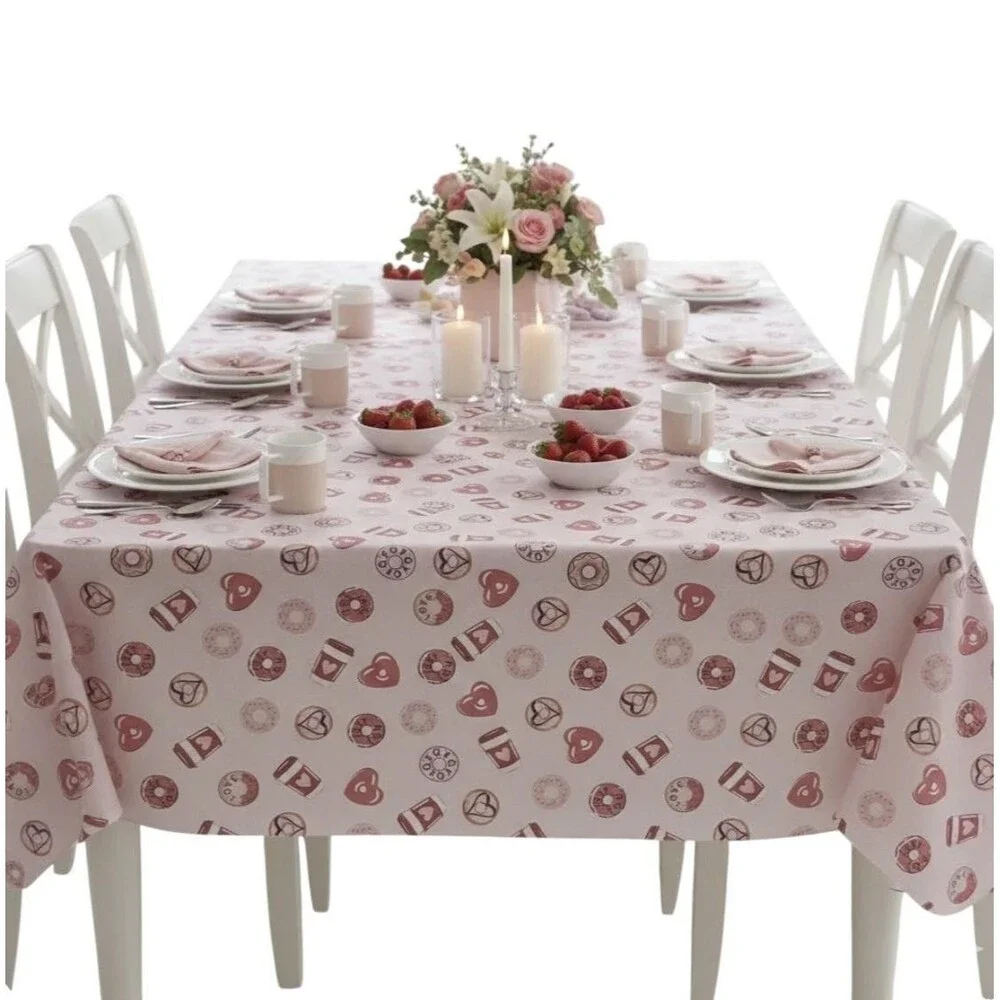 Huntington Home Vinyl Tablecloth 60x84 Pink Hearts Coffee Donuts Valentines Day