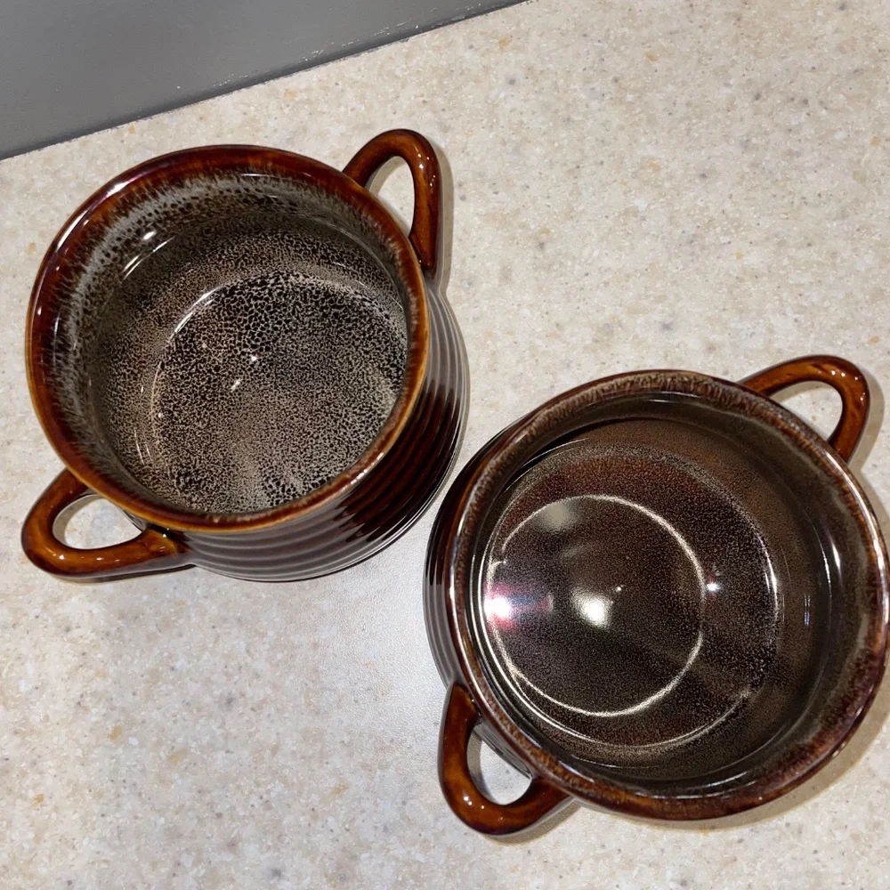 CRATE & BARREL Set of 2 Brunswick Stoneware Chili Soup Bowl Crock 2 Handles