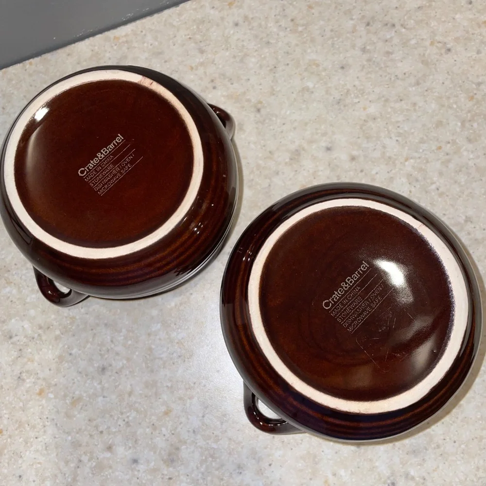 CRATE & BARREL Set of 2 Brunswick Stoneware Chili Soup Bowl Crock 2 Handles
