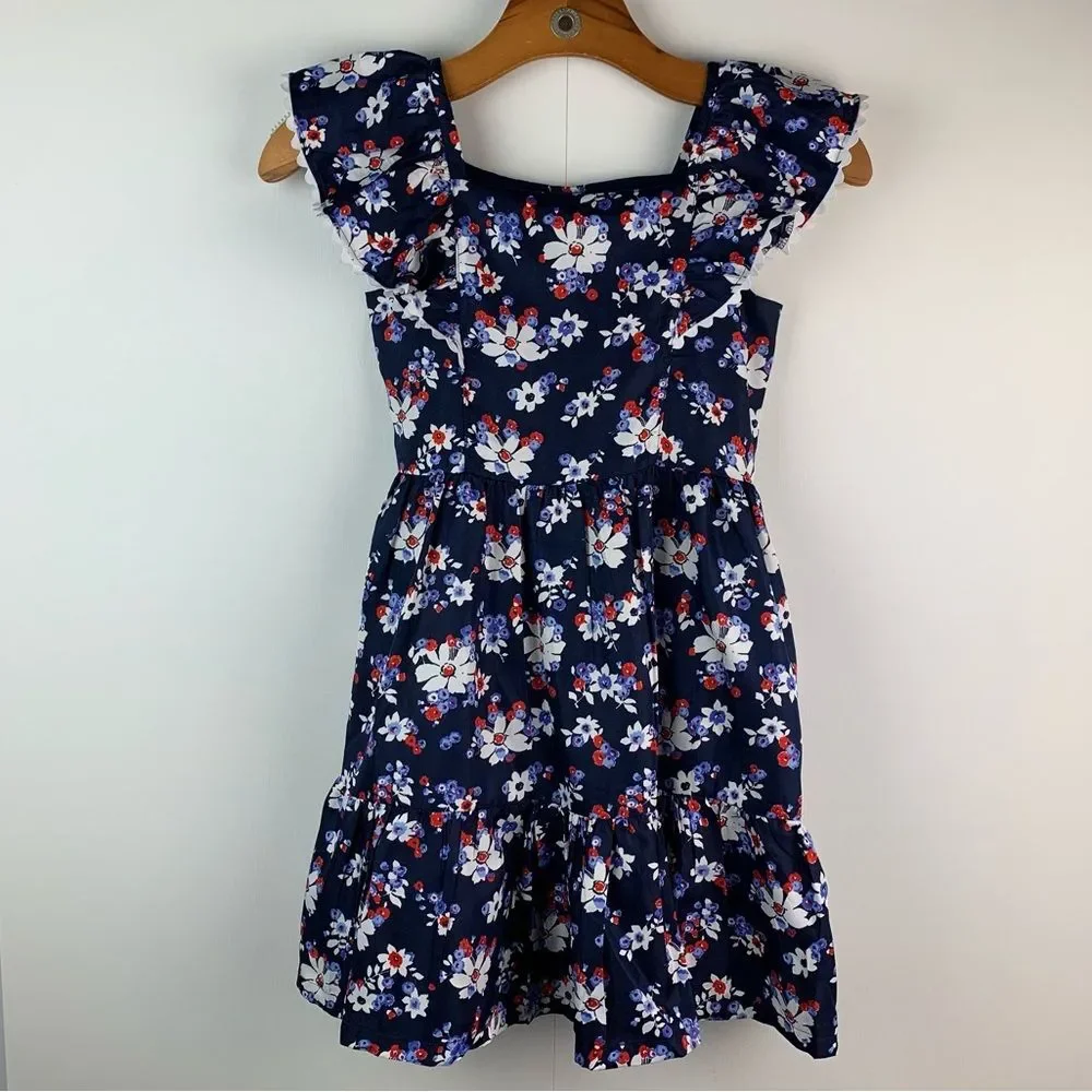 Janie and Jack Girl’s Floral Flutter Sleeve Merchant Marine Floral Dress Size 8