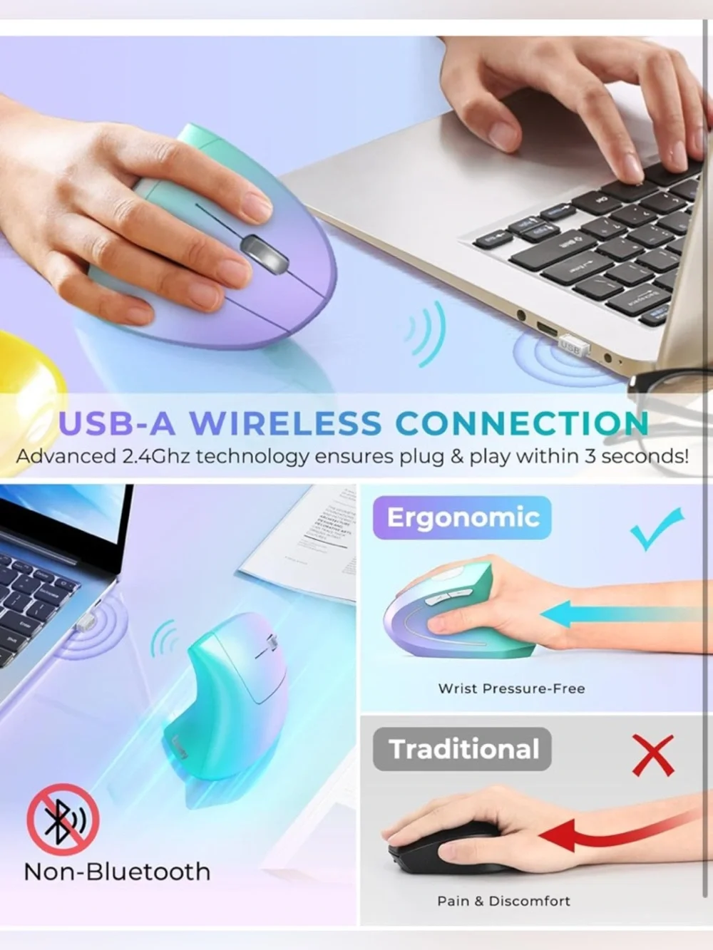 Ergonomic Wireless Mouse in Teal and Lavender Gradient