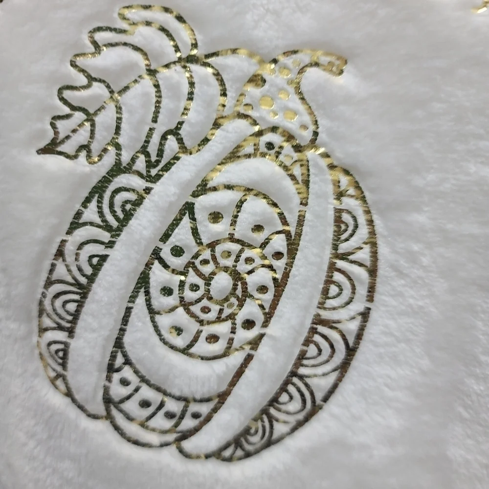 White Faux Fur Metallic Gold Foil PUMPKIN Blanket Fall Halloween Thanksgiving