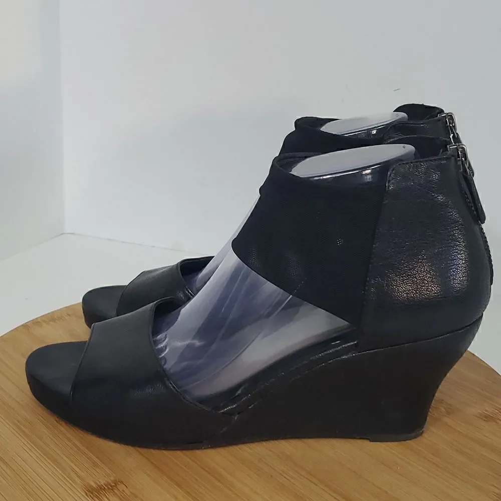Eileen Fisher Corona Mid-Wedge Ankle Cuff Leather Sandal Black Size 9