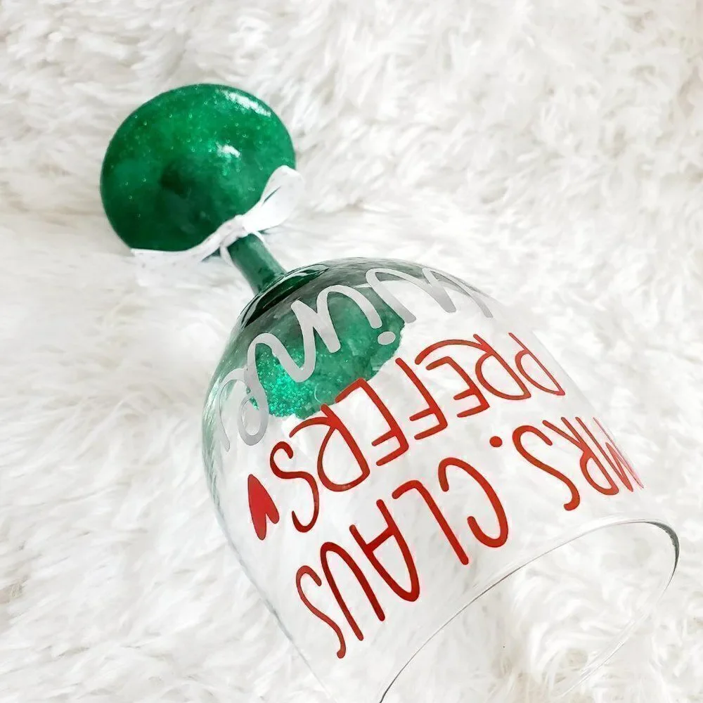Mrs Claus Prefers Wine Green Glittered Stemmed Wine Glass, Funny Christmas Glass