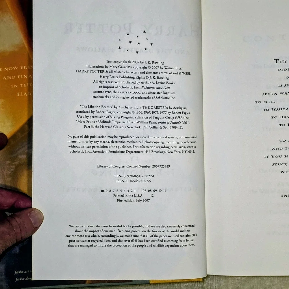 Harry Potter and the Deathly Hallows 1st Edition 1st Printing Hardcover 2007
