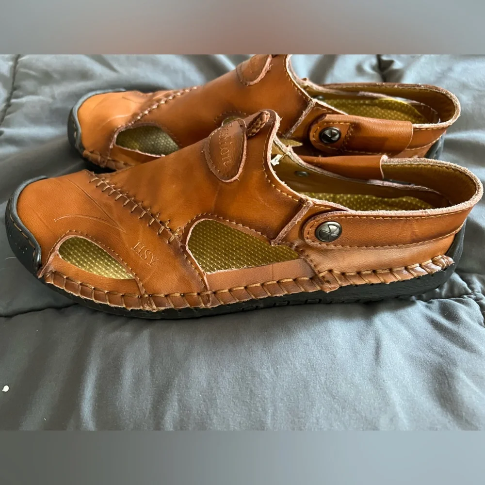 HSY Fashion Men's 100% Caoutchouc Leather Closed Toe Sandal‎ Brown Size 40 US 7