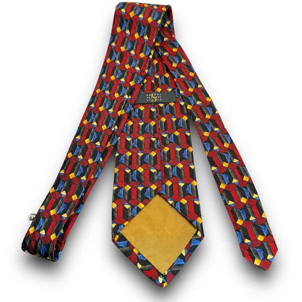 Robert Talbott 100% Silk Necktie Geometric Print Tie Maroon Gold Blue Black