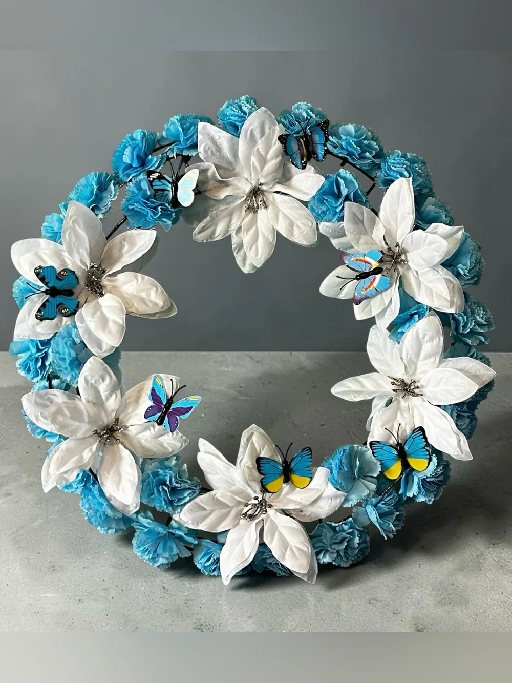 Blue & White Holiday Wreath with Butterfly Accents Hand Crafted