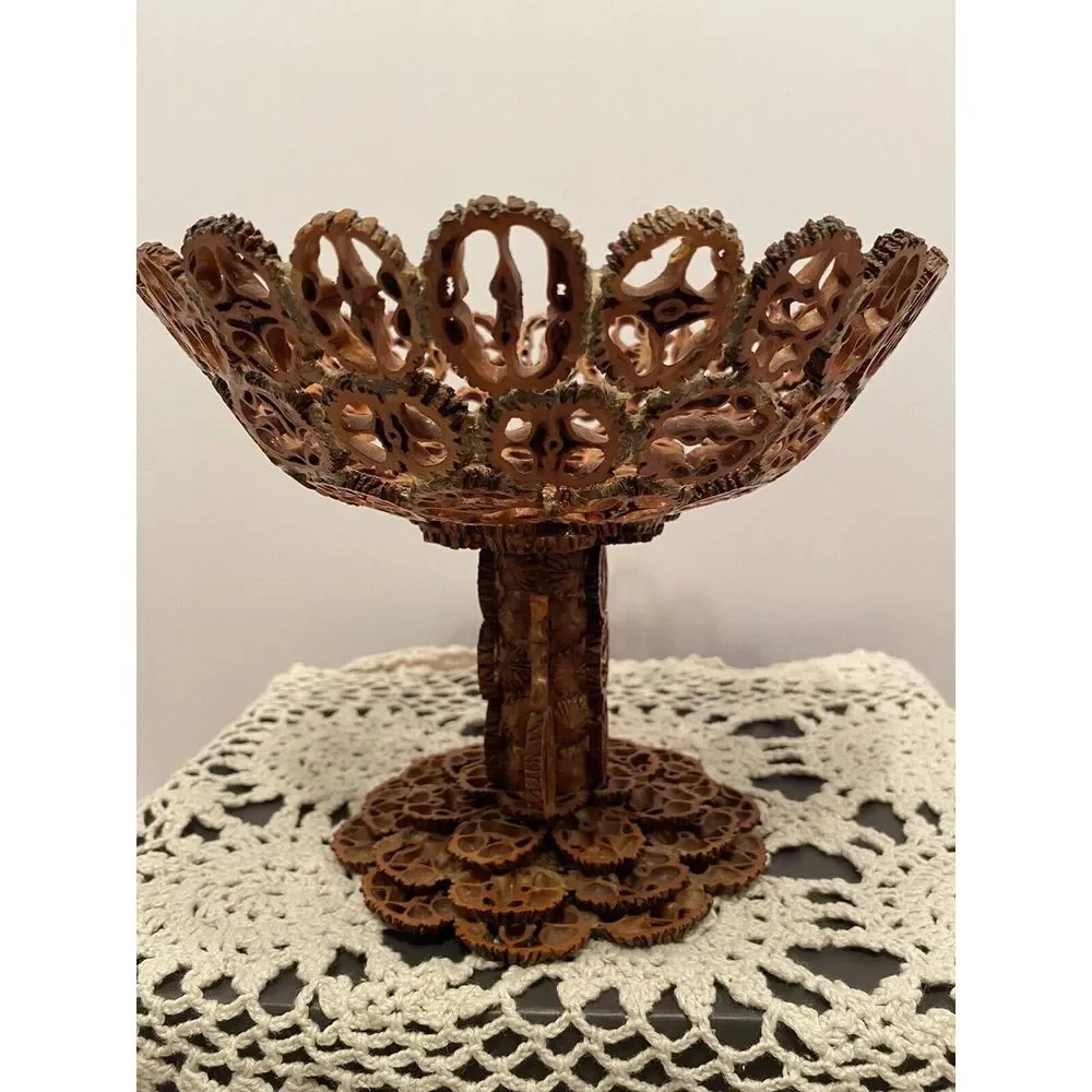 Black Walnut Shell Bowl Folk Art Hand‎ Made Sliced Hulls Footed Wood Dish UNIQUE