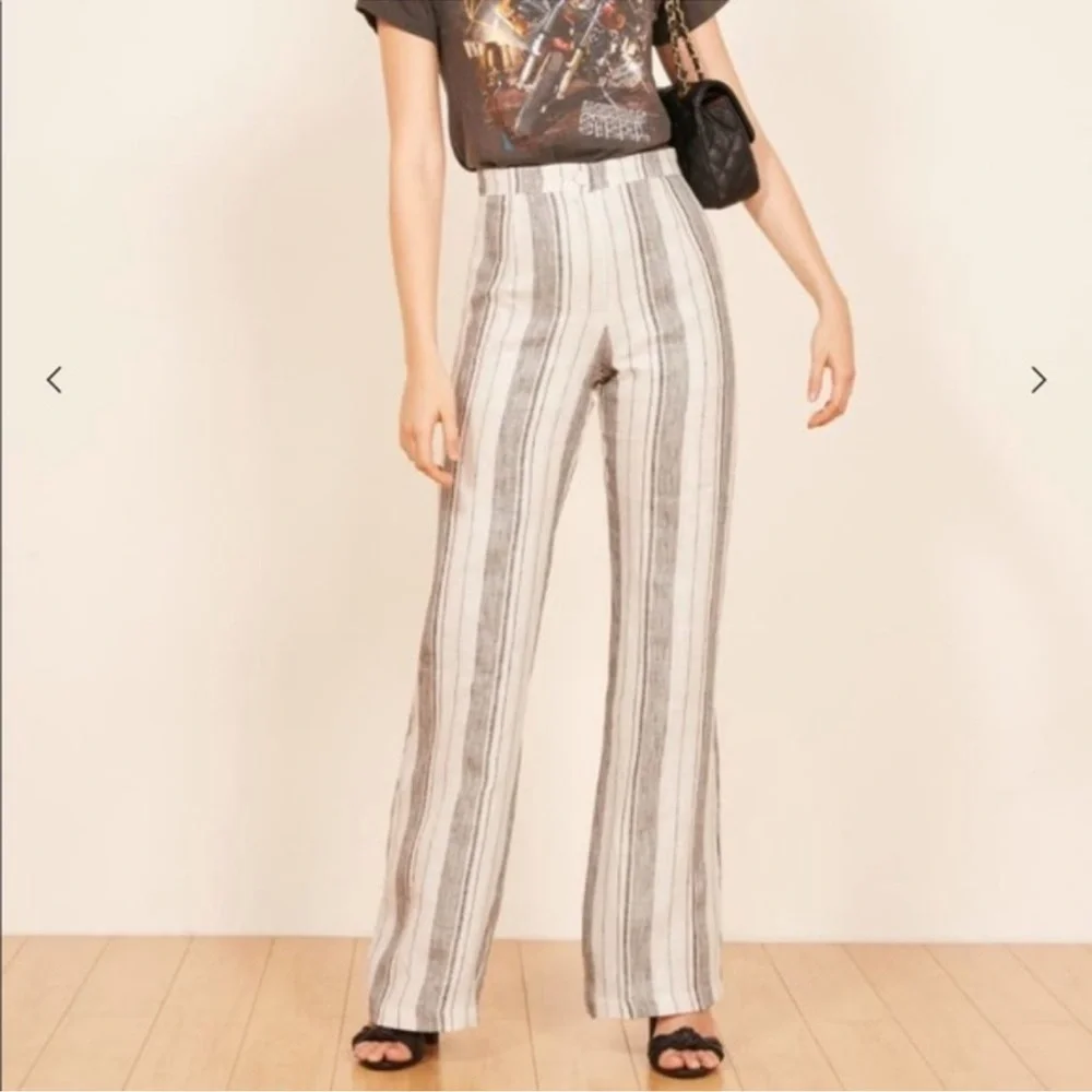 Reformation Romero Striped Linen Wide-Leg Pants White Grey 0