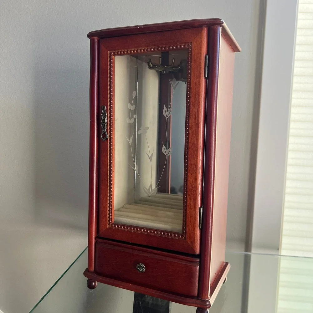 Vintage Style Wooden Jewelry Box Etched Glass Door Drawer Organizer