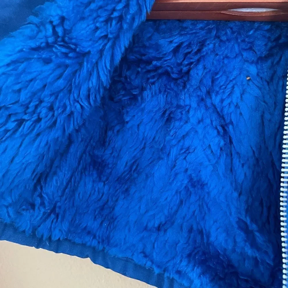 Kids Vintage 80’s Embroidered Frog Blue Hooded Fur lined Zip up Coat 12 mths