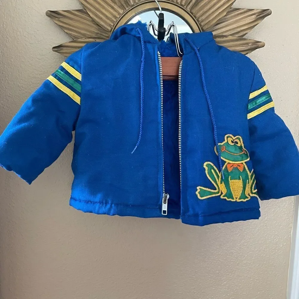 Kids Vintage 80’s Embroidered Frog Blue Hooded Fur lined Zip up Coat 12 mths