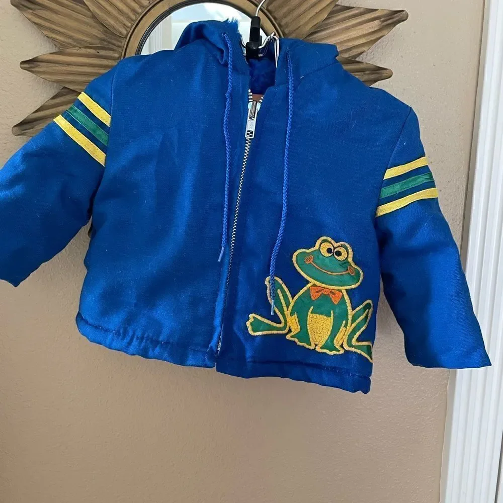 Kids Vintage 80’s Embroidered Frog Blue Hooded Fur lined Zip up Coat 12 mths