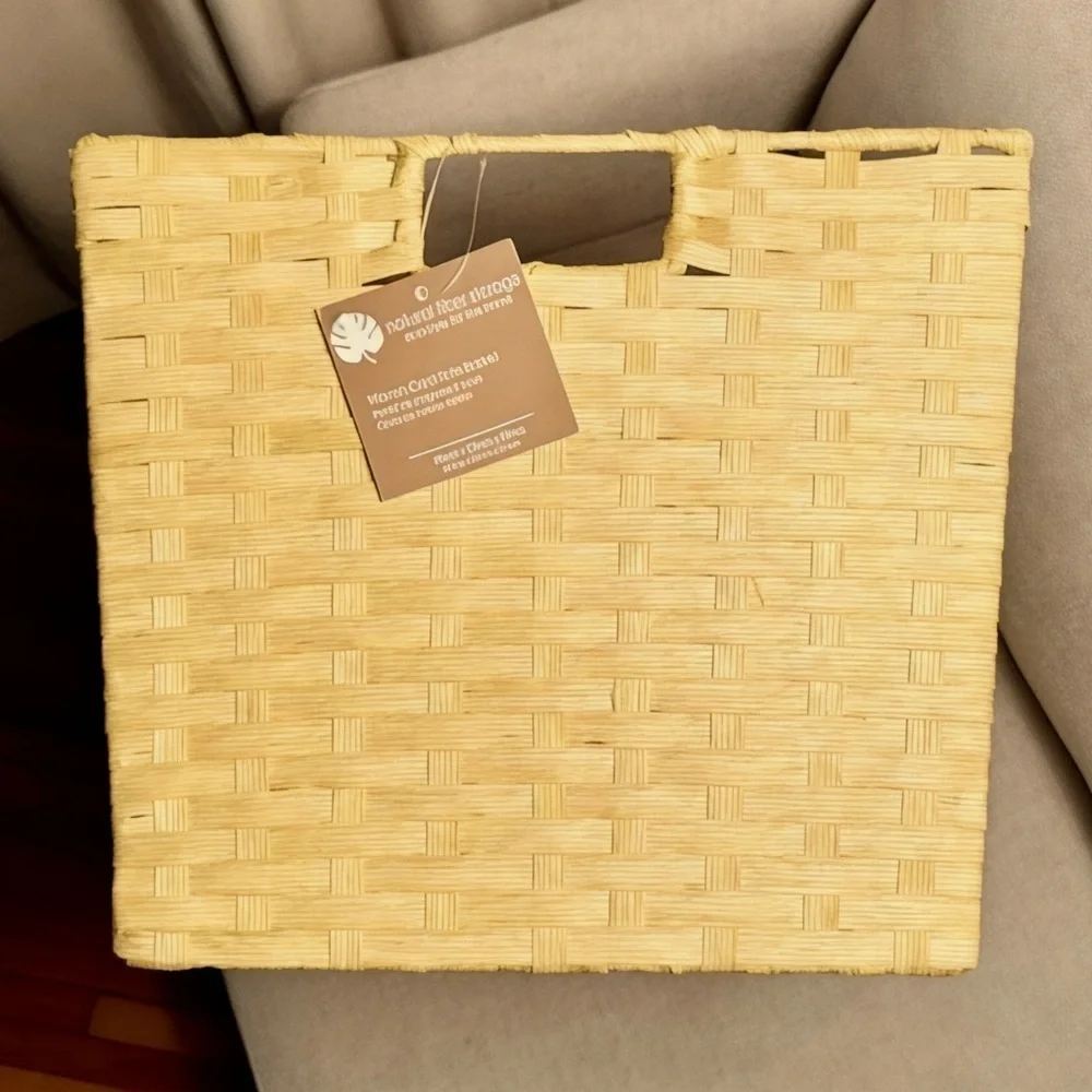 Yellow Woven Cord Tote Basket With Handles