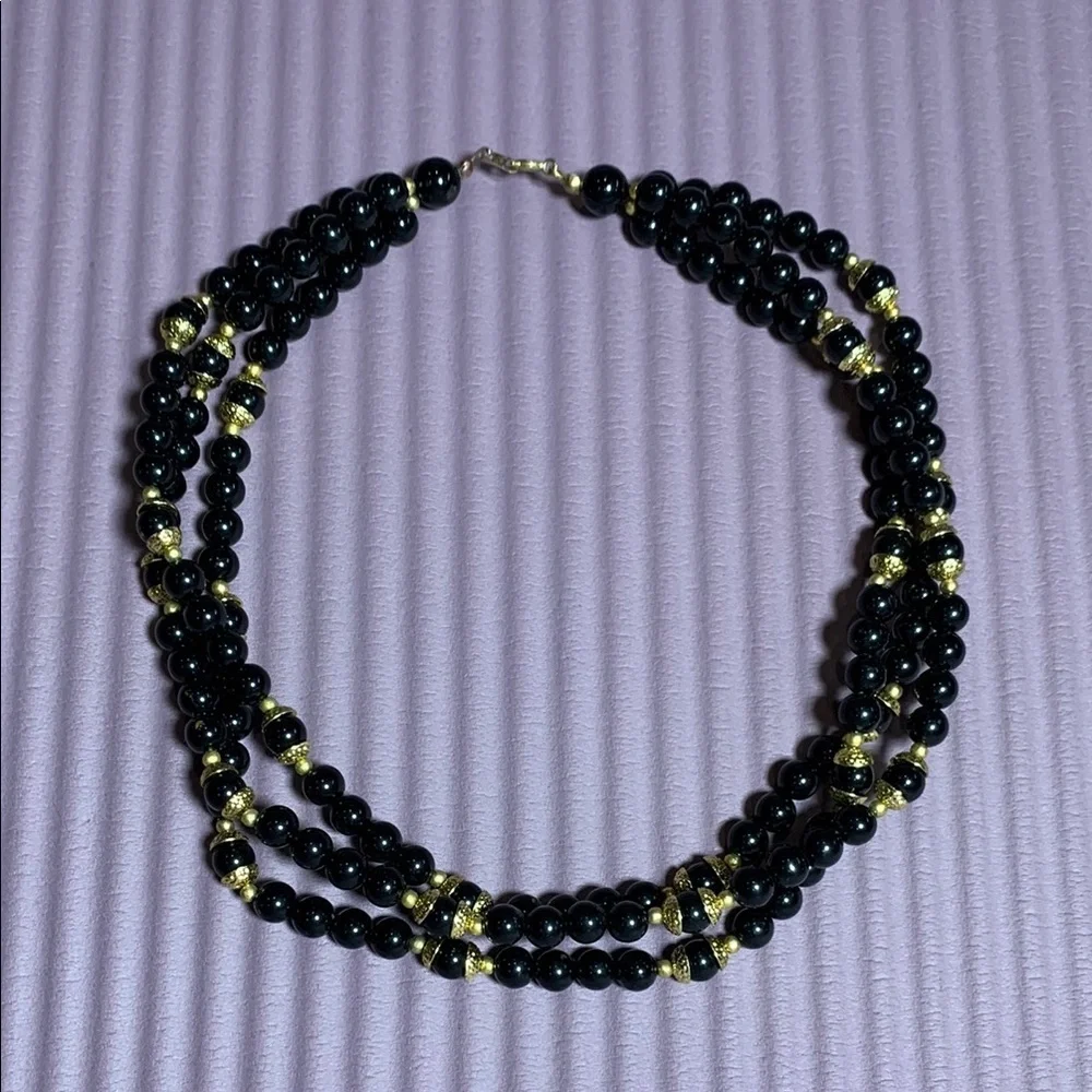 {Vintage} Black & Gold Beaded Necklace
