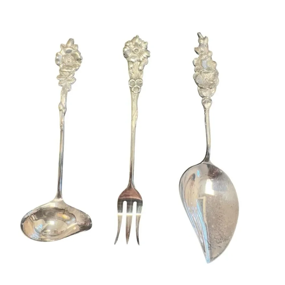 Reed and Barton Set of 3 Silver Plate Mini Hostess Serving Flatware Set Floral