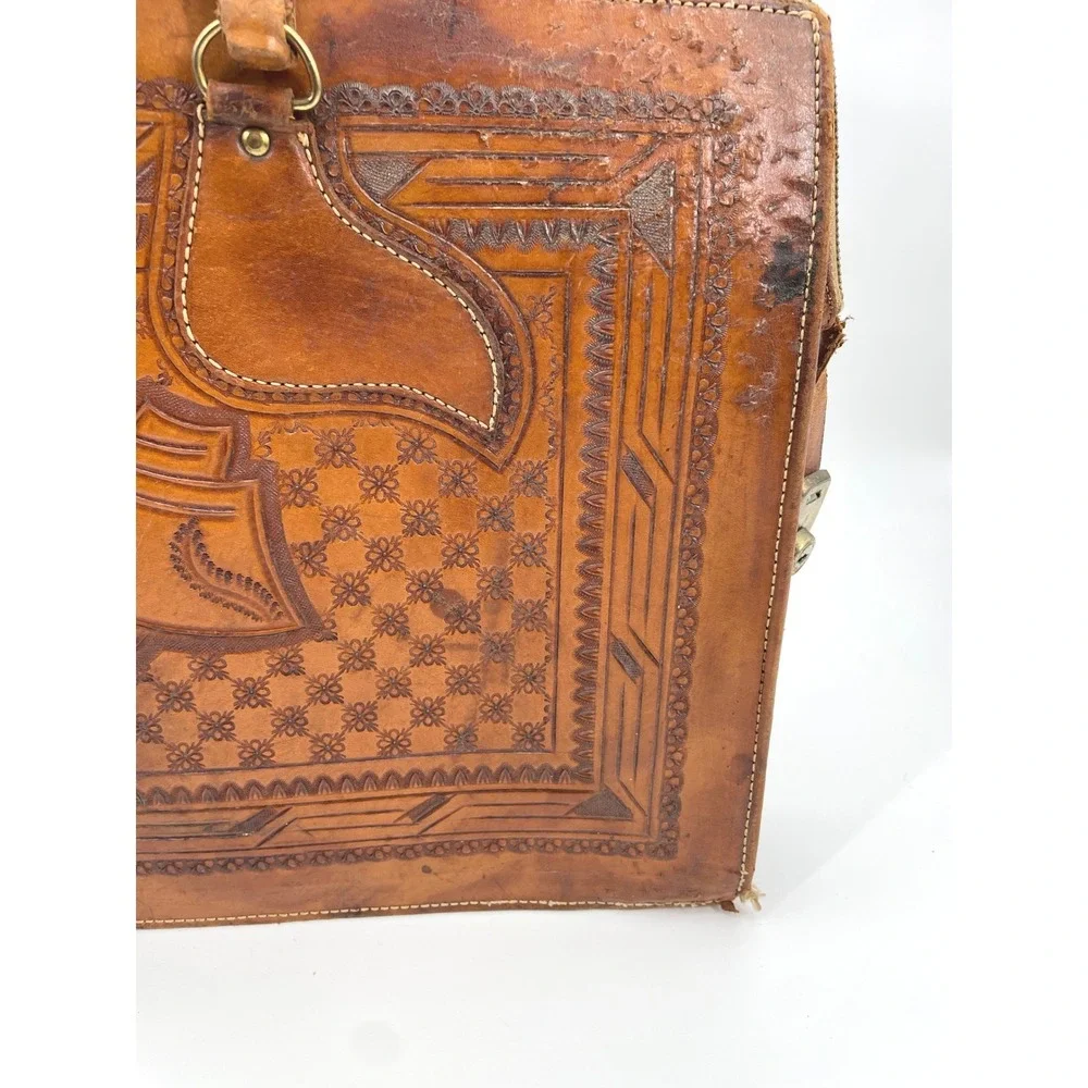 Vintage Mexican Hand Tooled Leather Briefcase - Aztec Sun Stone & Eagle - As-Is