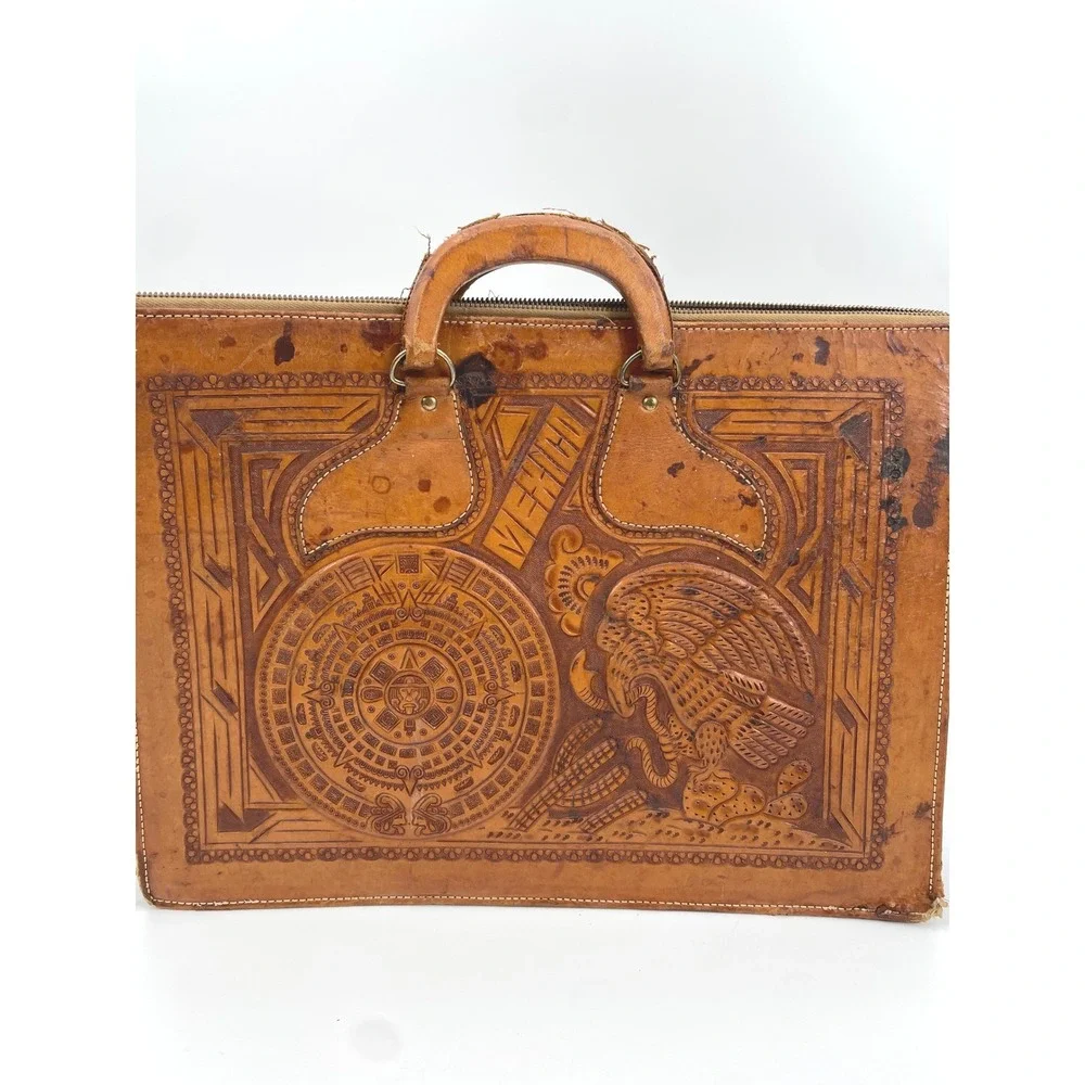 Vintage Mexican Hand Tooled Leather Briefcase - Aztec Sun Stone & Eagle - As-Is