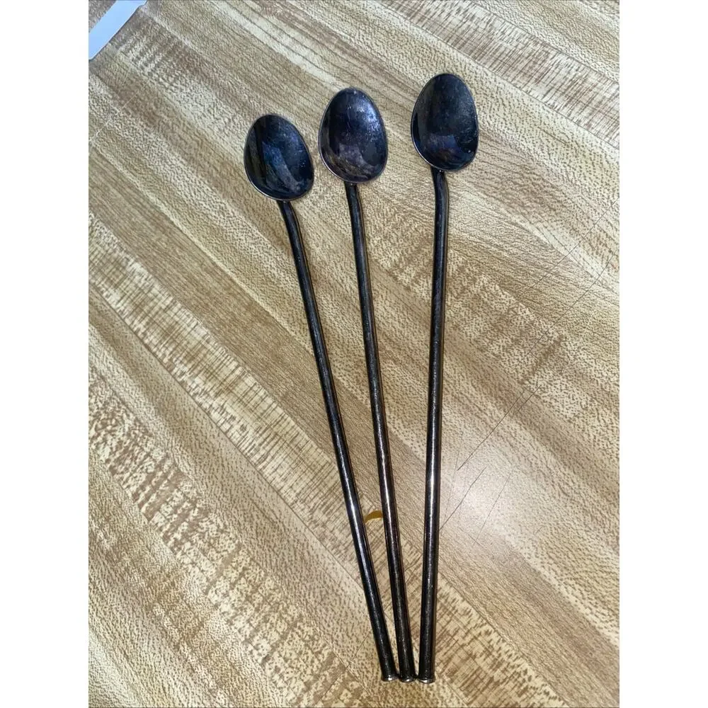 Set of 3 Vintage Silverplate Ice Tea Mint Julep Straw Stirrer Long Spoons 7.25”