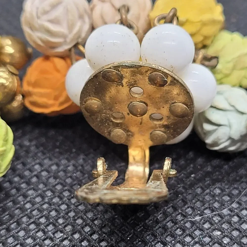 Vintage 1960s Gold Tone Rosette‎ Clip Earrings Milk Glass Pastelcore Mod