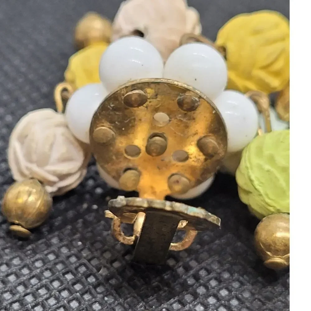 Vintage 1960s Gold Tone Rosette‎ Clip Earrings Milk Glass Pastelcore Mod